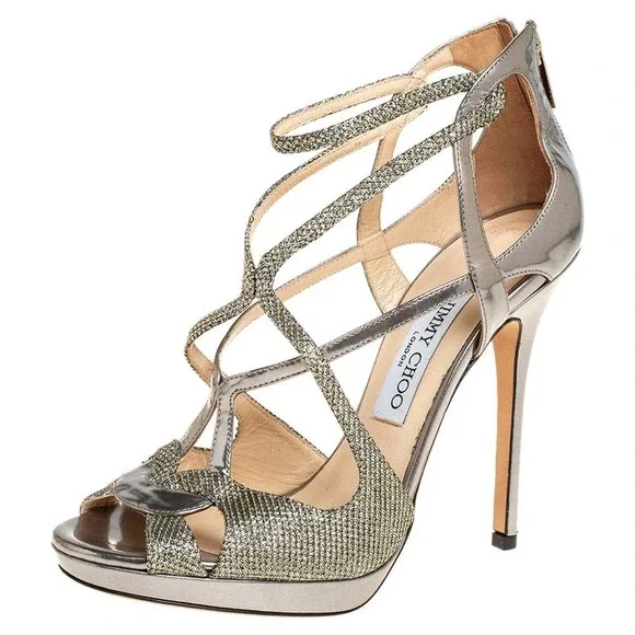 Jimmy Choo Metallic Sparkle & Leather Vermeil Caged Strappy Heel Sandals - Picture 1 of 10